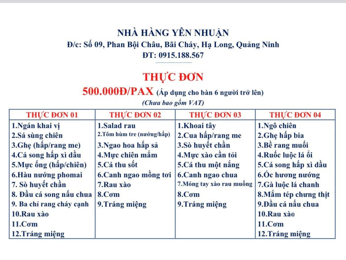 Nhà hàng Yên Nhuận Quảng Ninh xây dựng thực đơn theo hình thức suất ăn theo bàn