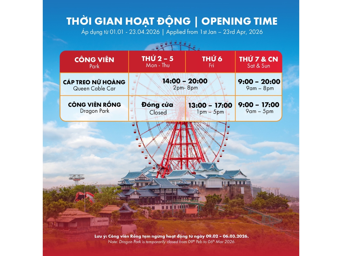 Khung giờ hoạt động của Sun World Ha Long năm 2026