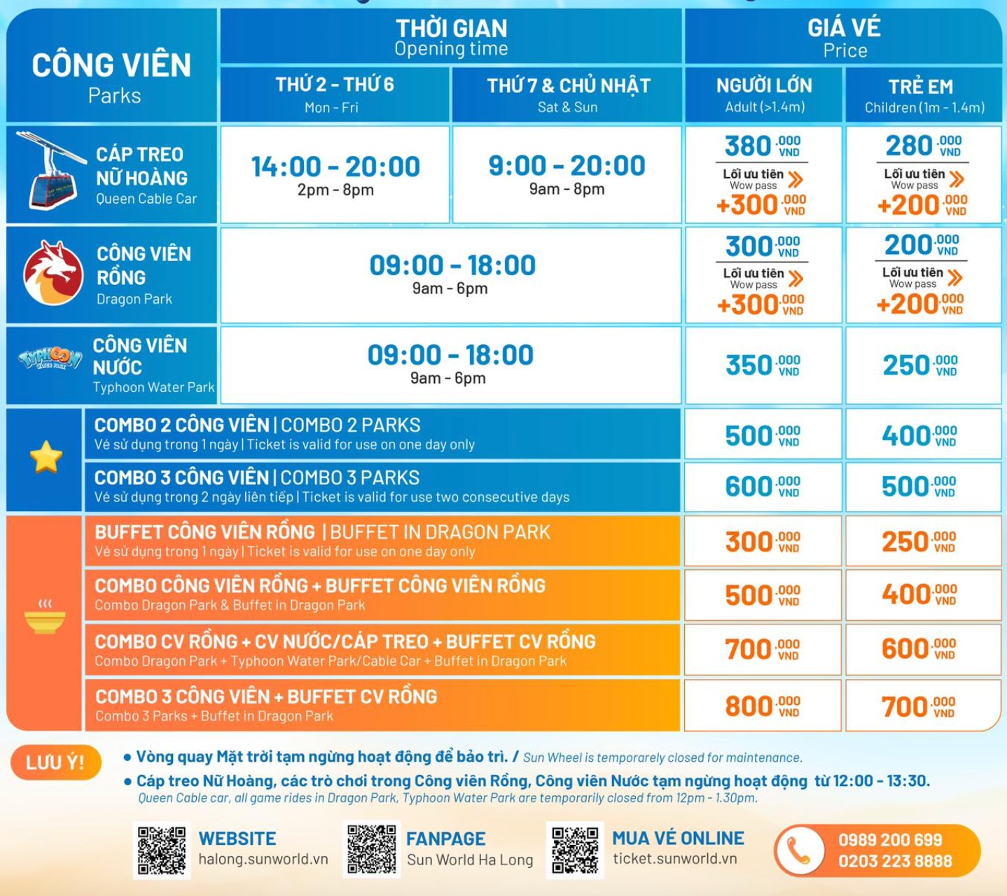 Bảng giá vé&nbsp;Sun World Ha Long. (Nguồn: Sưu tầm)